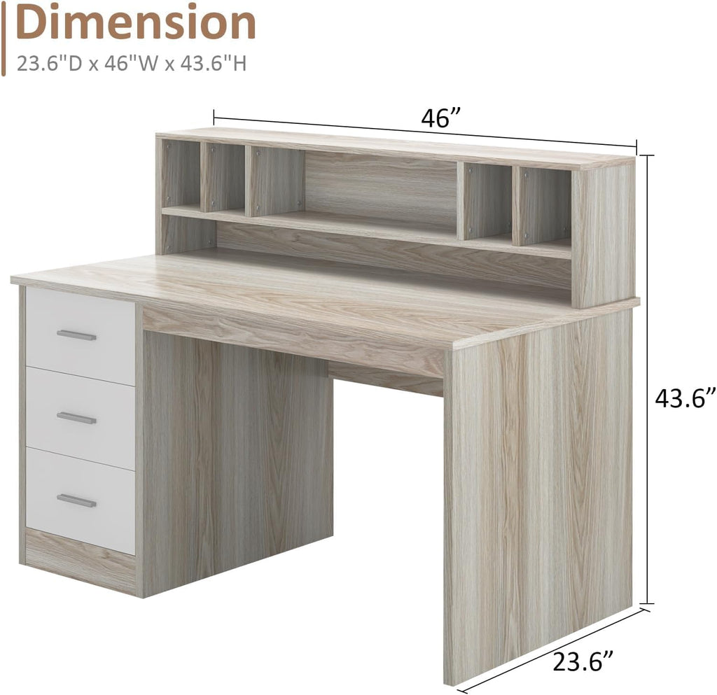 Home Office Desk with Drawers, 46" Small Desk, Computer Desk with Hutch and Drawers, Study Desk with Storage
