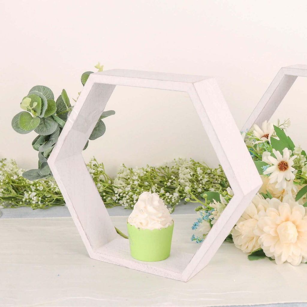 2 Pack | 9" Hexagon Whitewashed Wood Centerpiece, Geometric Terrarium, Honeycomb Storage Shelf