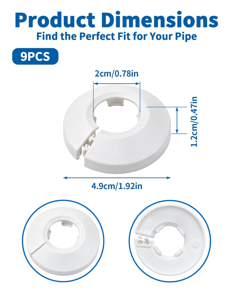 9 PCS Fit 3/4 Inch Flange Water Pipe Cover Decoration 20mm(3/4"), 3/4" Escutcheon Plate, Plastic PP White Snap-On