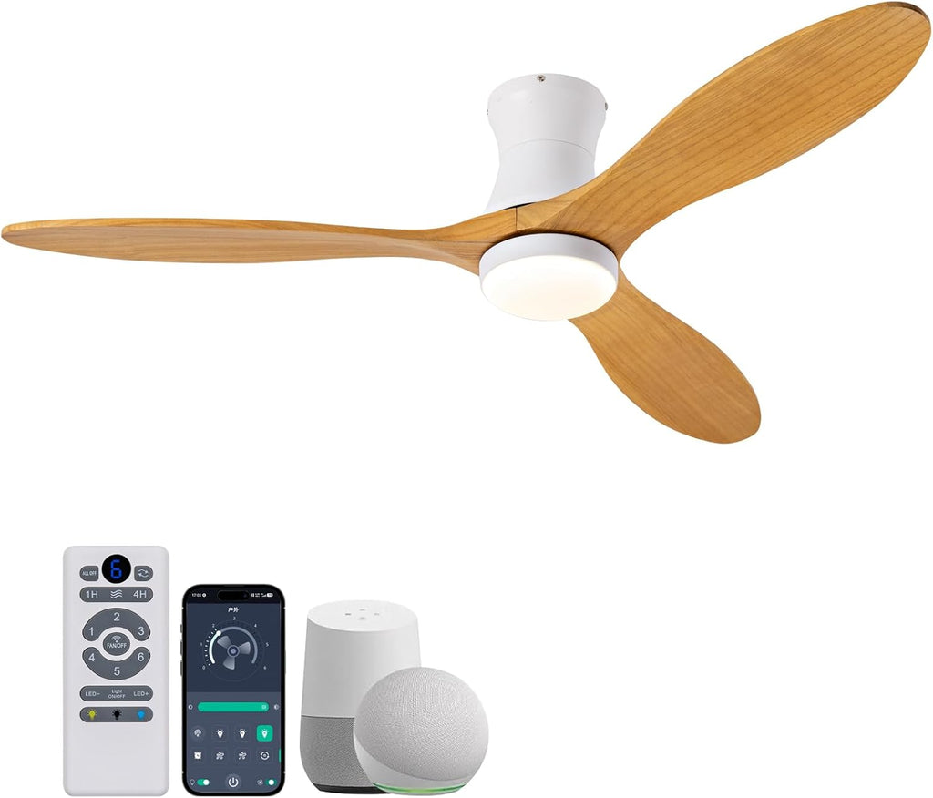 52 Inch Inspired Maverick Style Smart Ceiling Hugger Fan with LED Light & Remote - Flush Mount, WiFi Alexa, 6-Speed Reversible - White