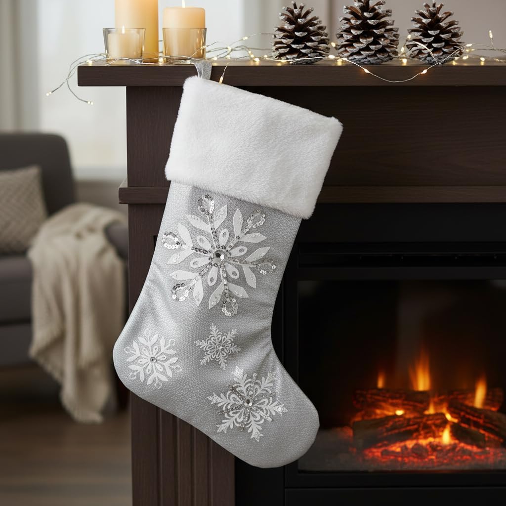 18" Silver Snowflake Christmas Stocking, Elegant Sequin Embroidery with Faux Fur Trim, Sophisticated Holiday Mantel