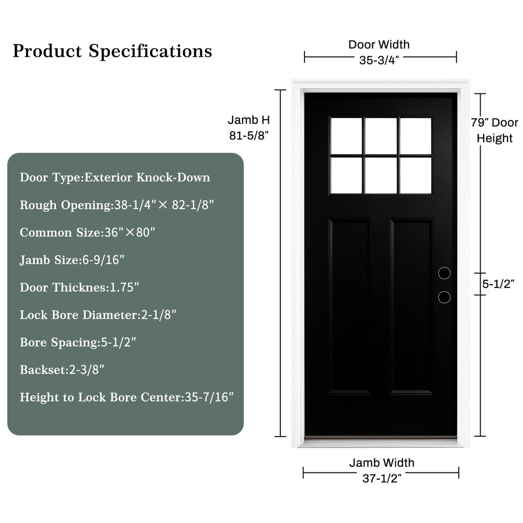 36'' x 80'' Fiberglass Front Entry Door Black, 6-9/16in Jamb Exterior Door Left Hand Inswing Woodgrain Finish