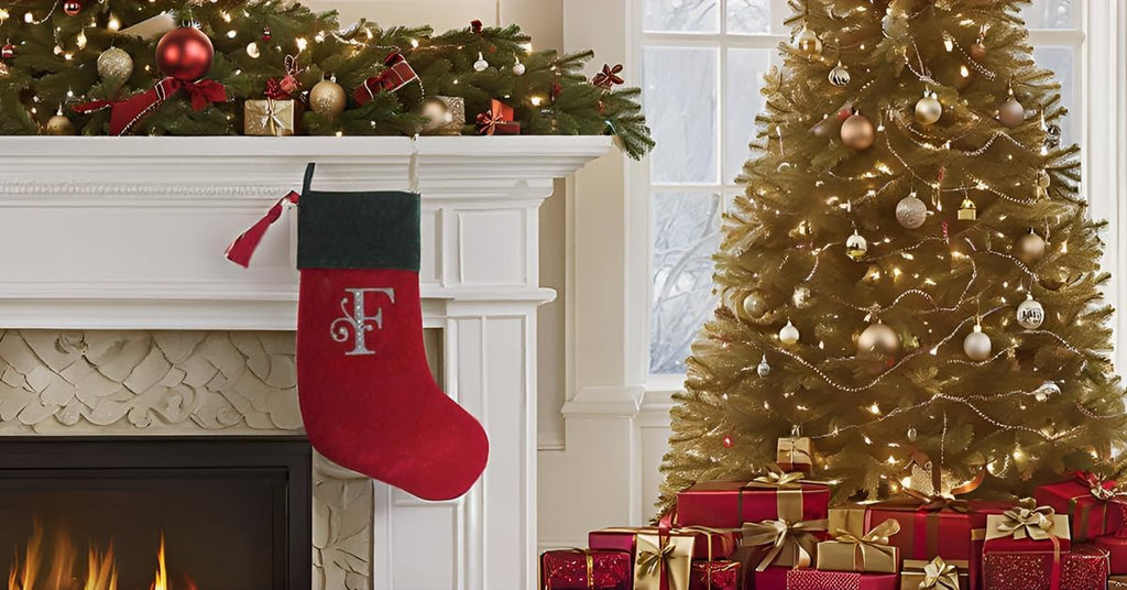 Christmas Stocking Red & Green Velvet with Tassel, Rhinestone Monogram (F)