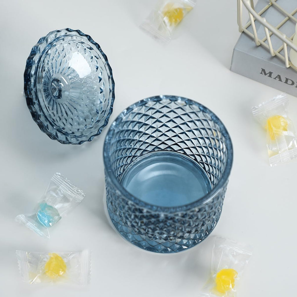 Diamond Faceted Crystal Glass Candy Jar with Lid, Blue Decorative Jar, Jewelry Box, Cotton Swab Storage Holder.