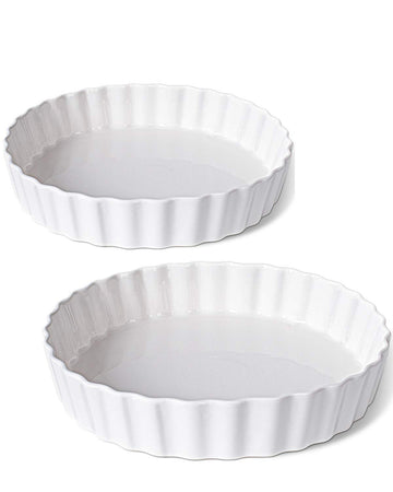 9.5 Inch Ceramic Tart Pan Set of 2 - Porcelain Quiche Baking Dish with Fluted Edge, Round Pie Pan for Chicken Pot