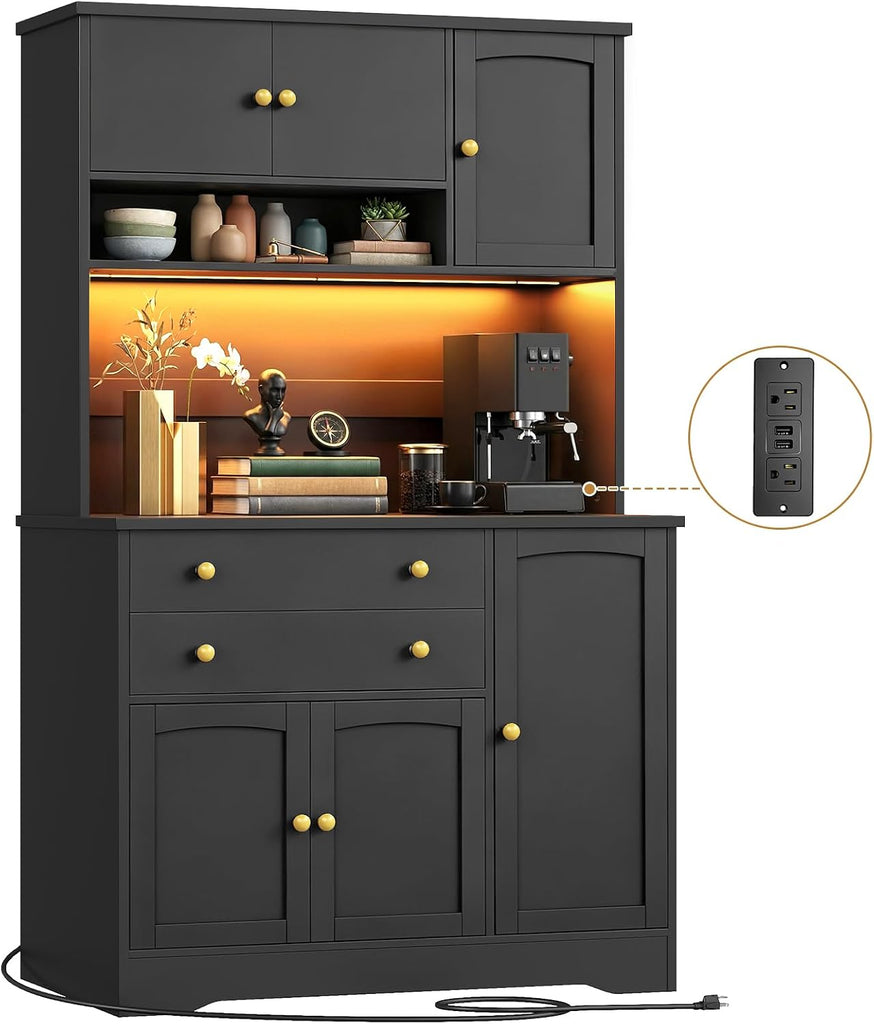 Pantry Cabinet with Charging Station and LED Light, Kitchen Hutch Cabinet Countertop, Drawers and Adjustable Shelf