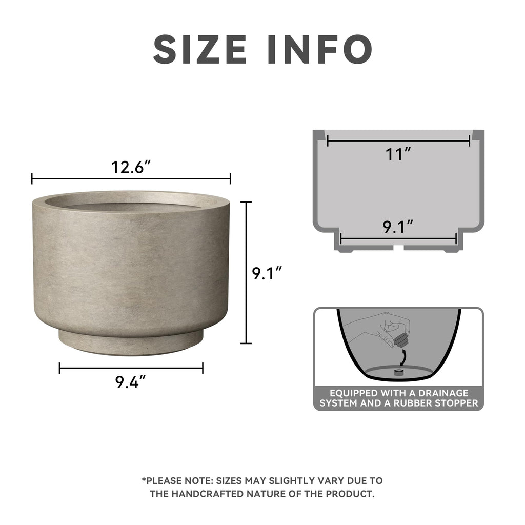 Accent Round Pedestal Weathered Concrete Planter 12.6" Dia, Outdoor