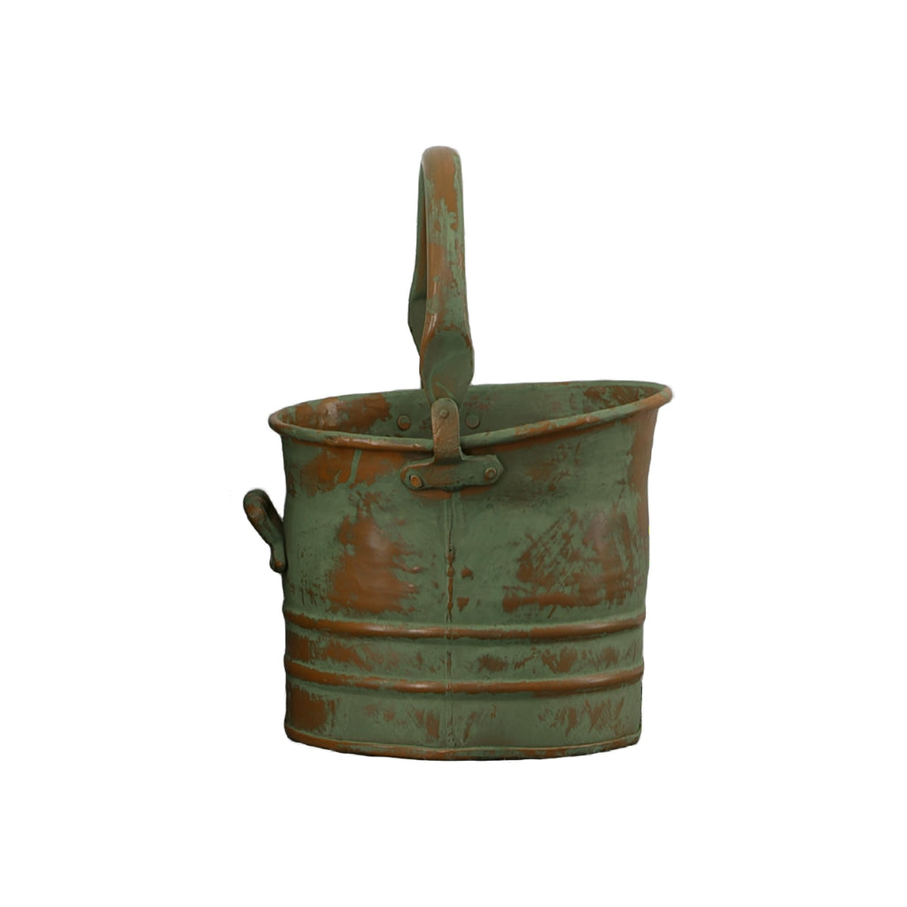 Benjara Tinged Metal Bucket Planter Set of 3, Patina Rust Green Finish, Decorative Planters with Side Handles, Rustic