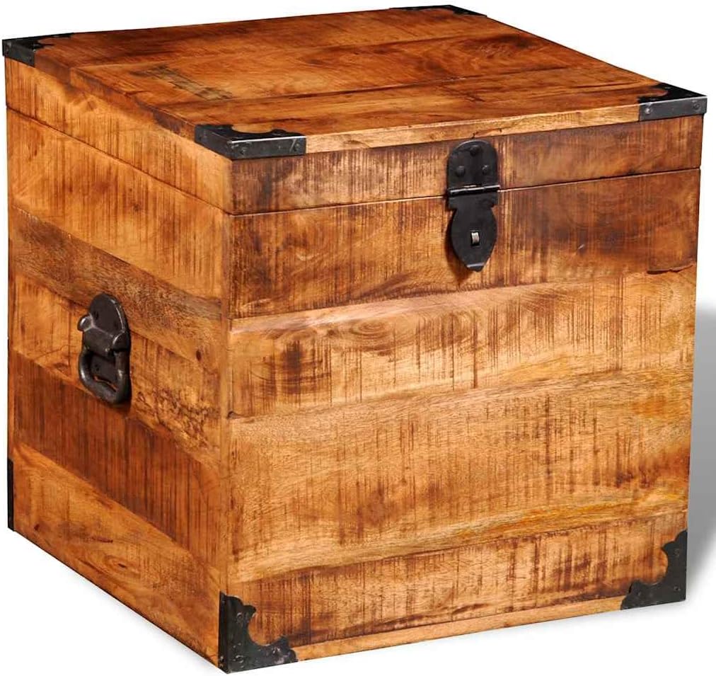 Handmade Cubic Storage Chest, Solid Rough Mango Wood Decorative Trunk, Vintage Style Organizer Bin , 18 x 18 x 18