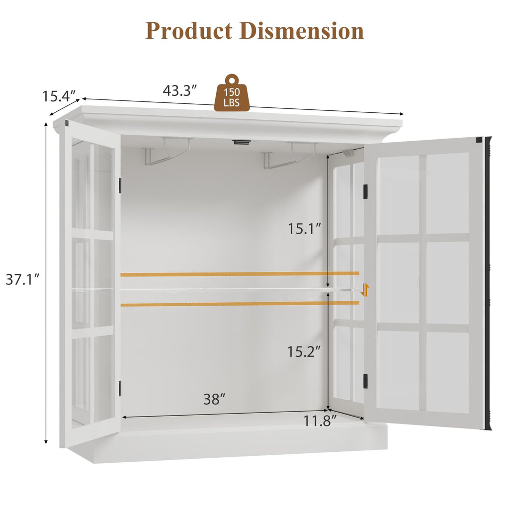 Modern 43" Display Cabinet, Vintage Curio Cabinet with LED Light and Wine Glass Holder, Farmhouse Wine Bar Cabinet