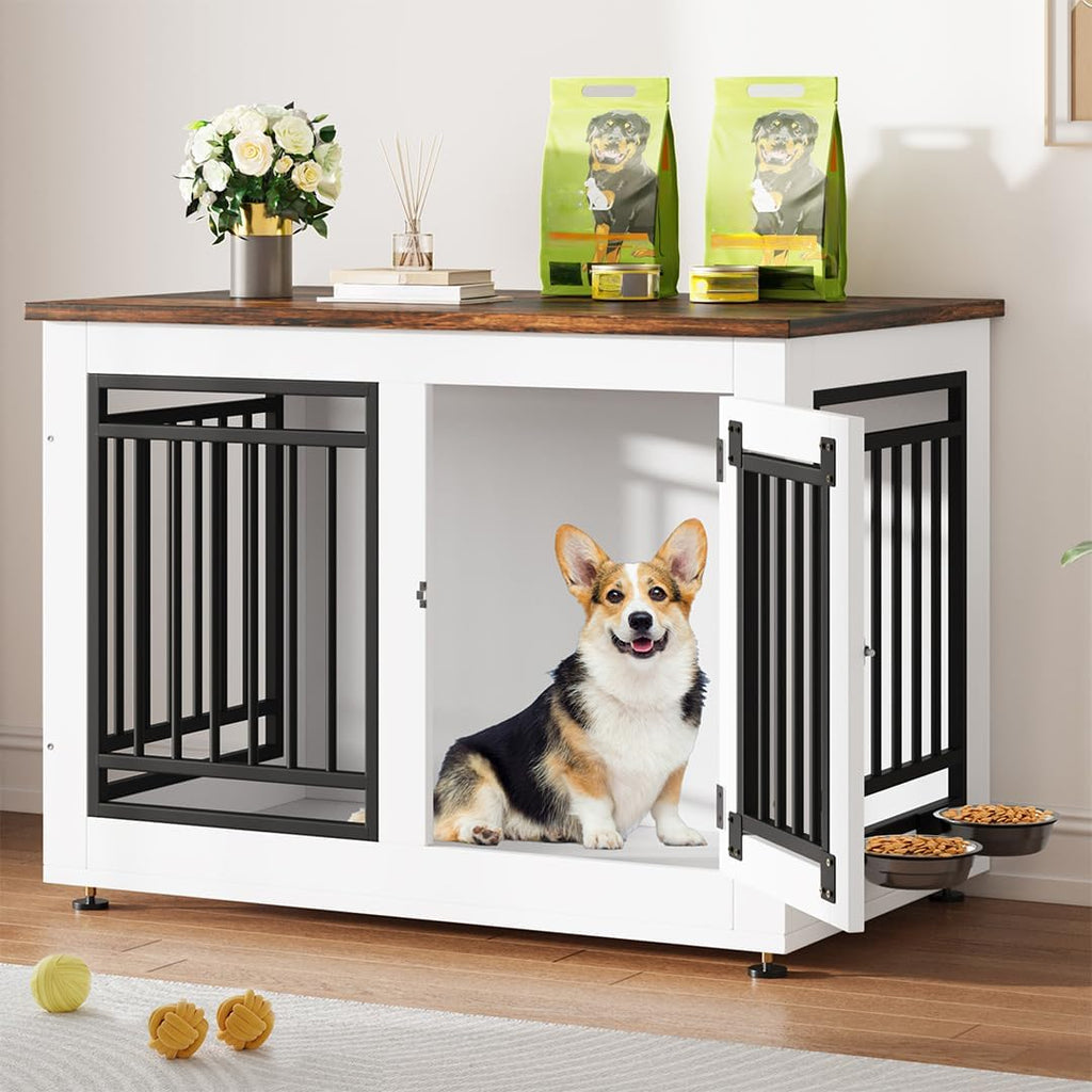 35" Dog Crate Furniture, Wooden Side End Table with Adjustable Feet and Removable Bowls, Dog Kennel Indoor for Small