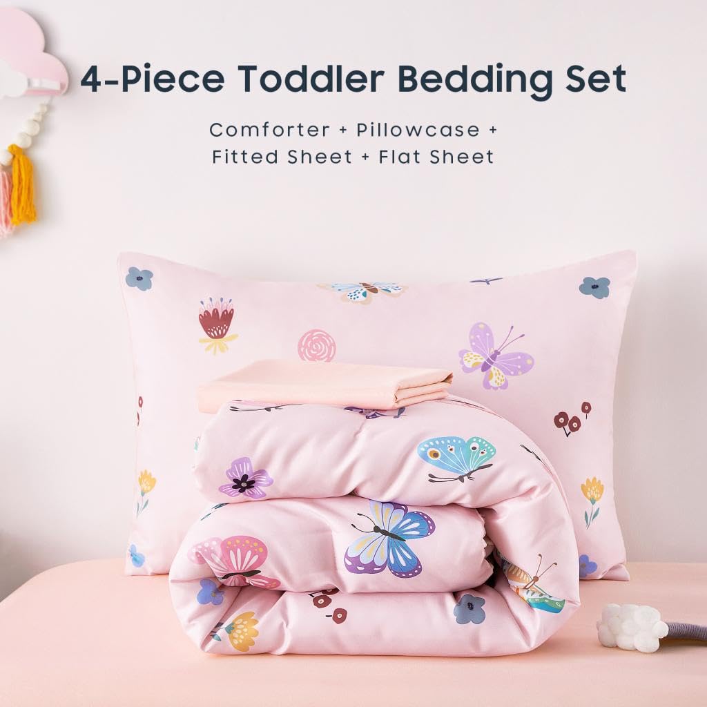 Butterfly Toddler Bedding Set for Girls, Cute Colorful Butterfly with Floral Flowers, 4 Pieces Soft Crib Bed Set