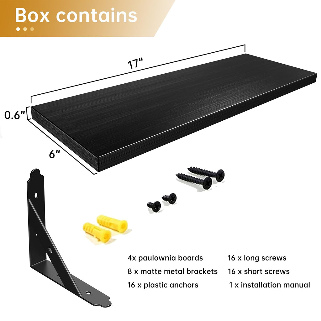 Wood Wall Floating Shelves Set of 4, 17" x 6" - Black