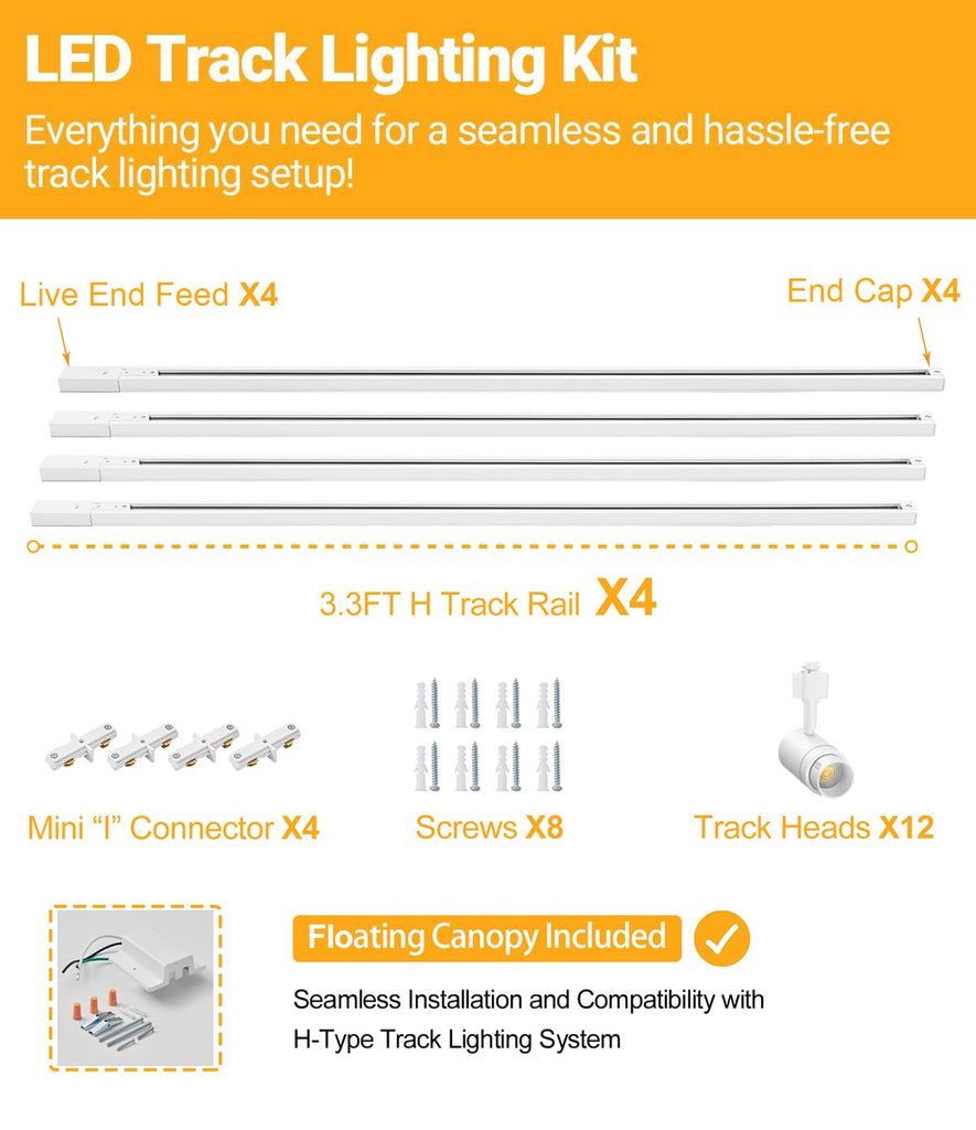 Zoomable 12-Light LED Track Lighting Kit, Dimmable 12W 3000K White