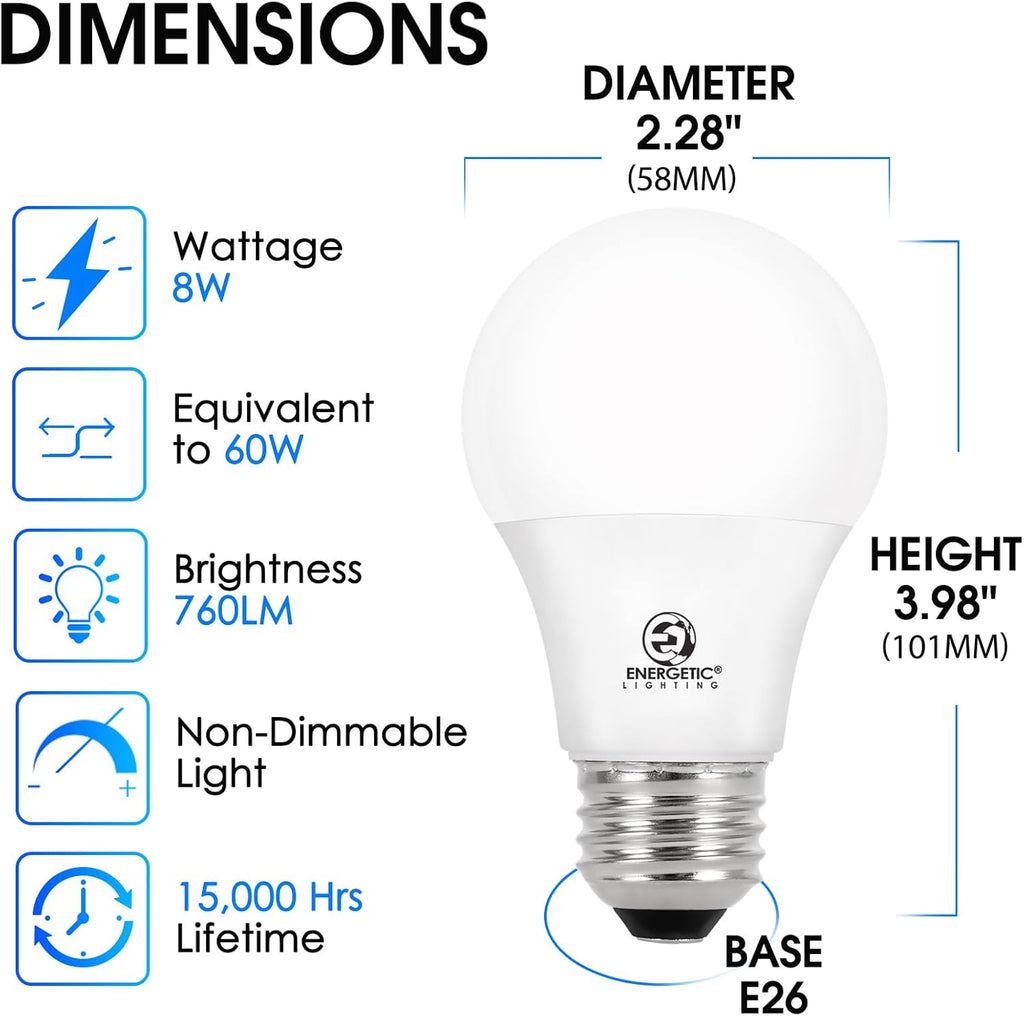 24-Pack A19 LED Light Bulb, 60 Watt Equivalent, Daylight 5000K, E26 Medium Base, Non-Dimmable LED Light Bulb, ETL Listed