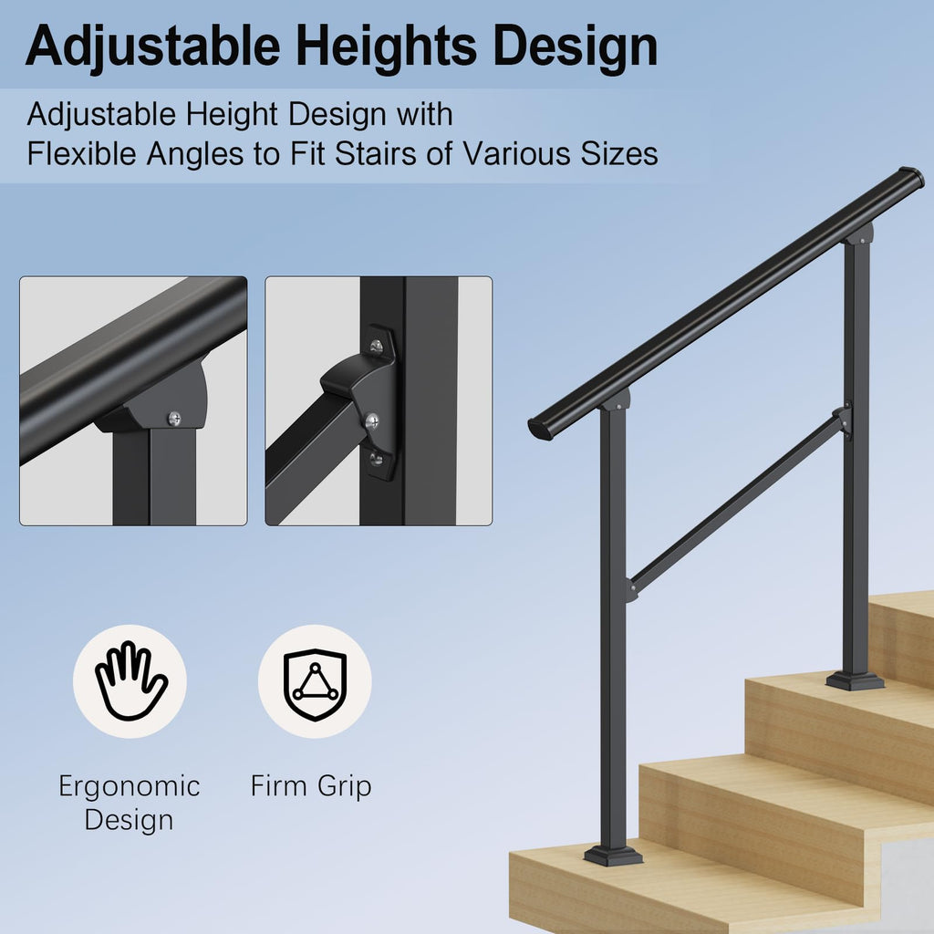 Outdoor Handrails for 4-5 Steps, Stair Railing Kit for Concrete & Porch Steps, Adjustable Black Iron Hand Rail for