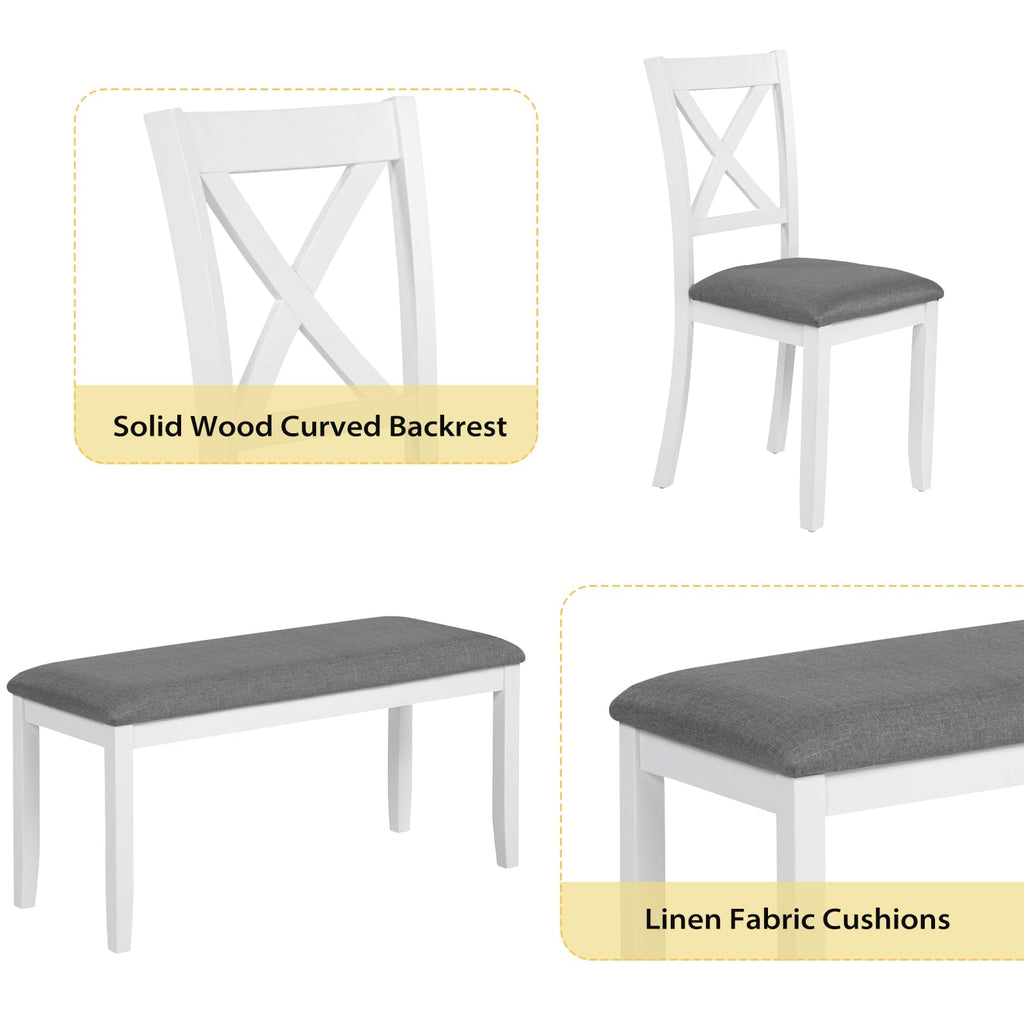 6-Piece Solid Wood Dining Table Set, Wooden Legs, White
