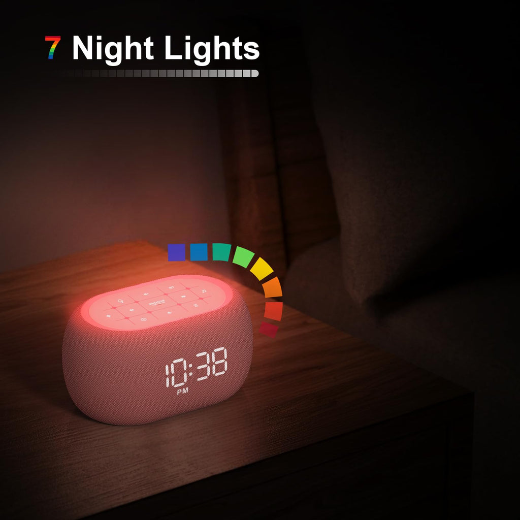 White Noise Sound Machine Alarm Clock with Bluetooth Speaker, Hi-Fi Stereo Sound, 21 /7 Night Lights, 0-100%