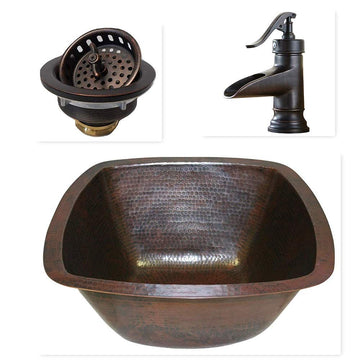 Simply Copper 15" Square Copper Bar Sink 3.5" Strainer Drain and Faucet