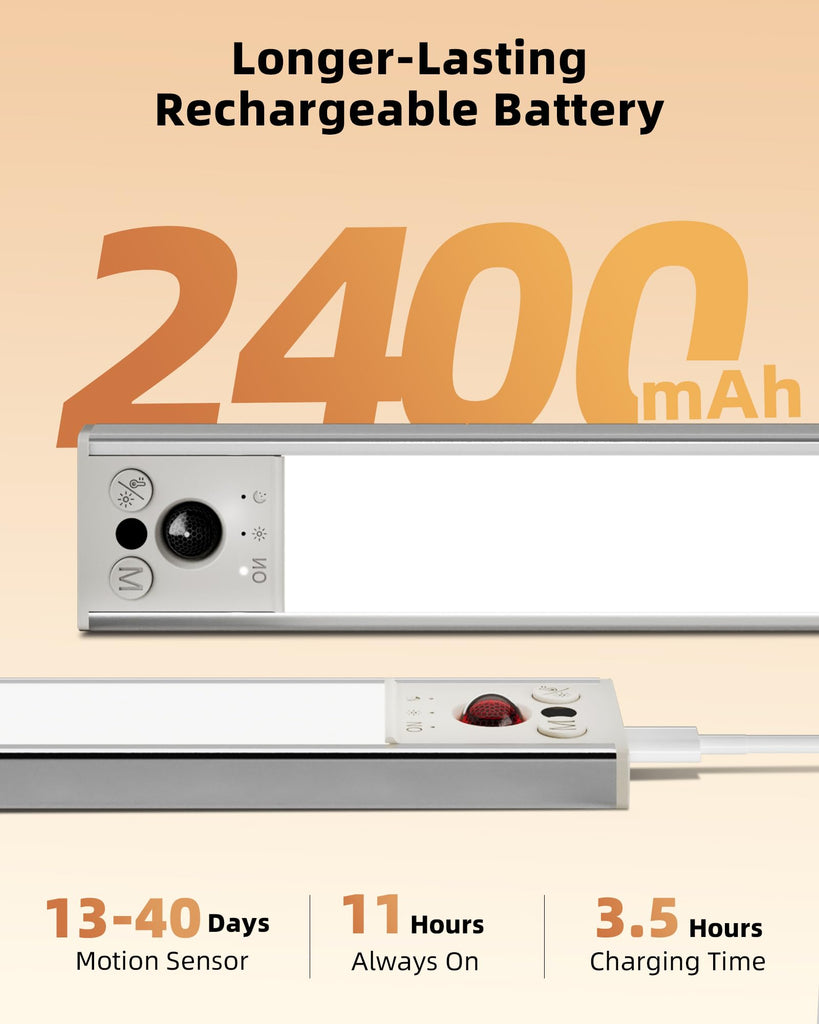 10inch Under Cabinet Lighting, 2 Pack 2400mAh Rechargeable Wireless Motion Sensor Lights Indoor, 3 Color Temps