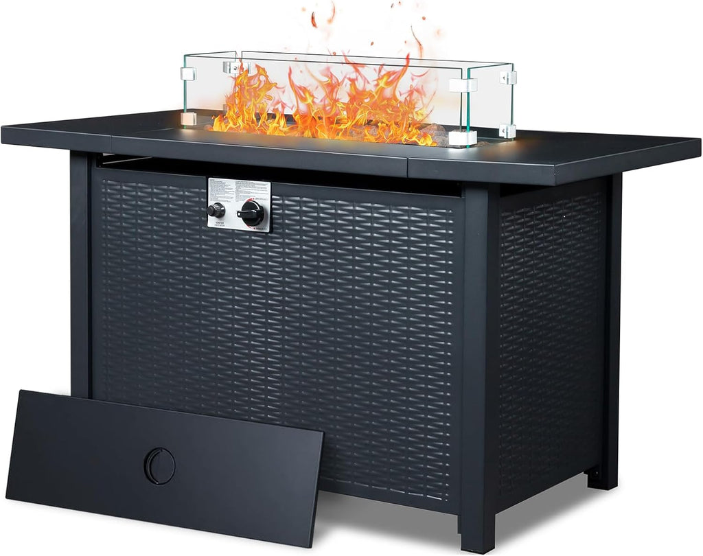 Fire Pit Table, 43" 50,000 BTU Rectangle Metal Propane Fire Table with Lid, Lava Rocks