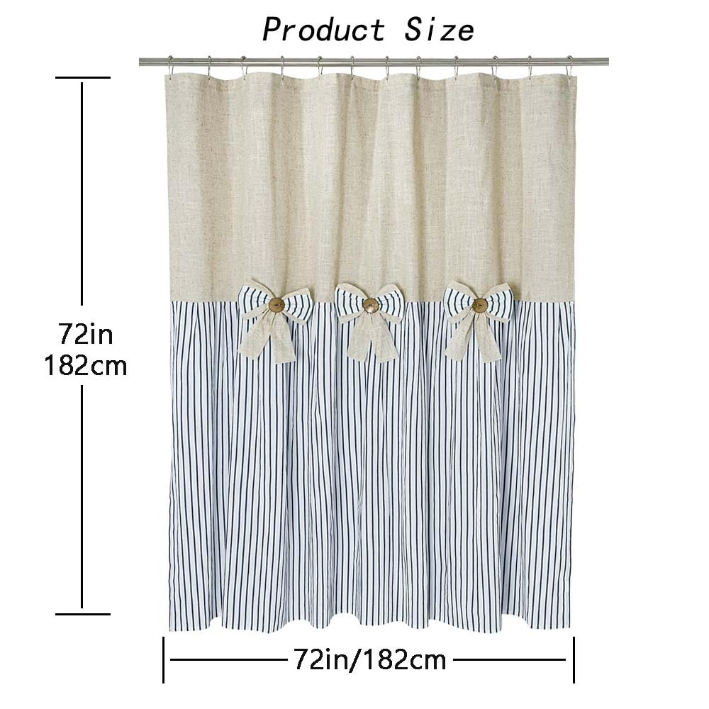 Ides Linen Button Farmhouse Beige with Bowknot, Linen and Cotton Woven Fabric, Pleated Blue Stripe, Country Style