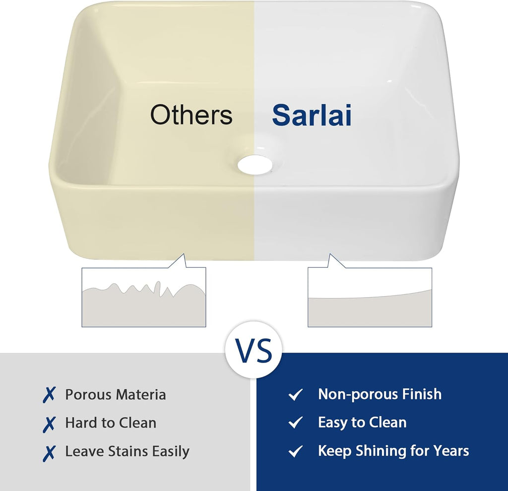 Sarlai Vessel Sink Rectangular - 19"x15" White Bathroom Sink Rectangle Above Counter Porcelain Ceramic Bathroom Vessel