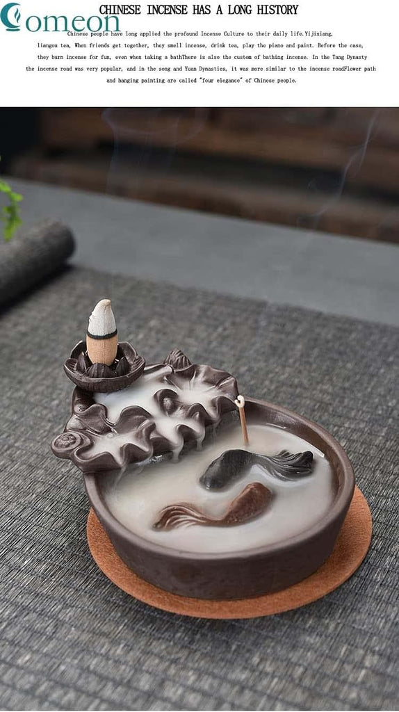 Two Fishes Incense Holders Ceramic Backflow Incense Burner Purple Clay Smoke Cone Sticks Holder (Fish) - Set of 11