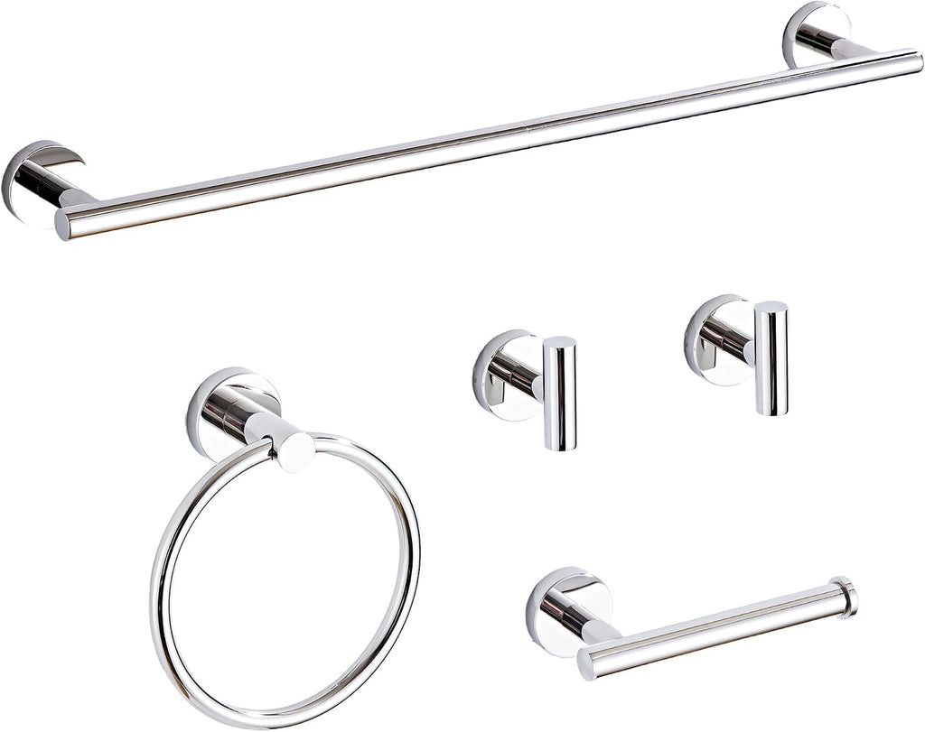 Chrome Bathroom Hardware Set 5 Piece with Towel Racks , SUS304 Stainless Steel Bath Towel Bar Set, 24 Inch Wall