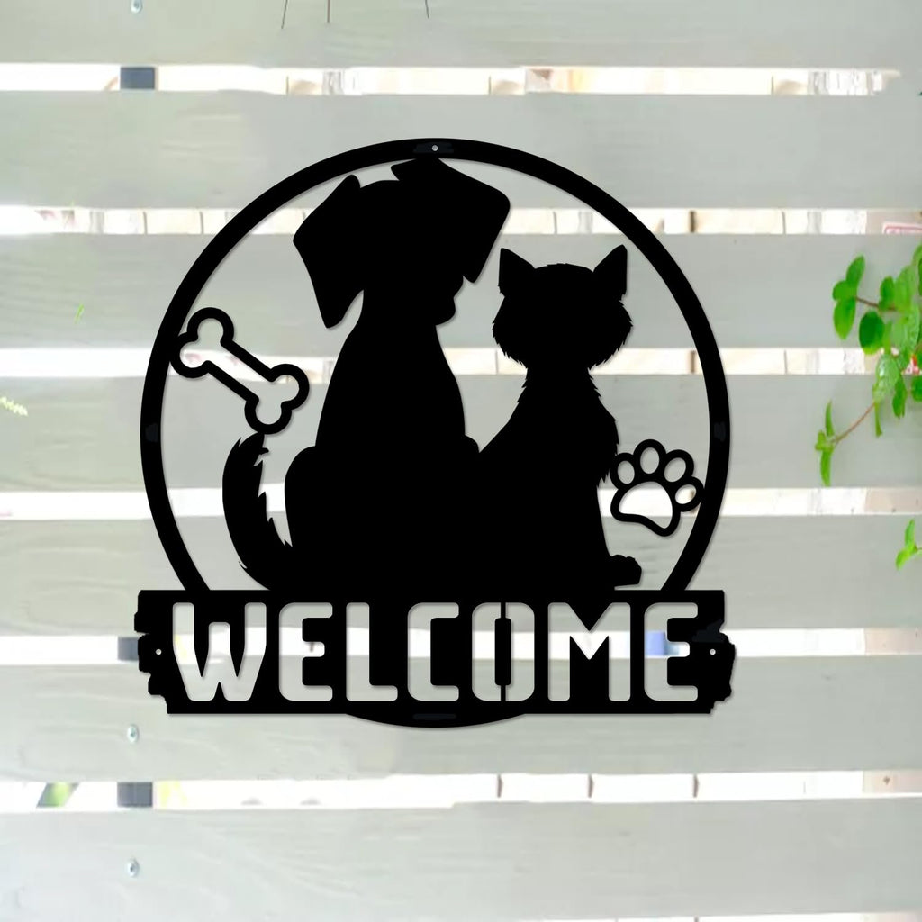 Cat and Dog Welcome Metal Sign for front door Pet Lover Metal Decoration Large 12 inch Thick metal Wall Hanging Decor