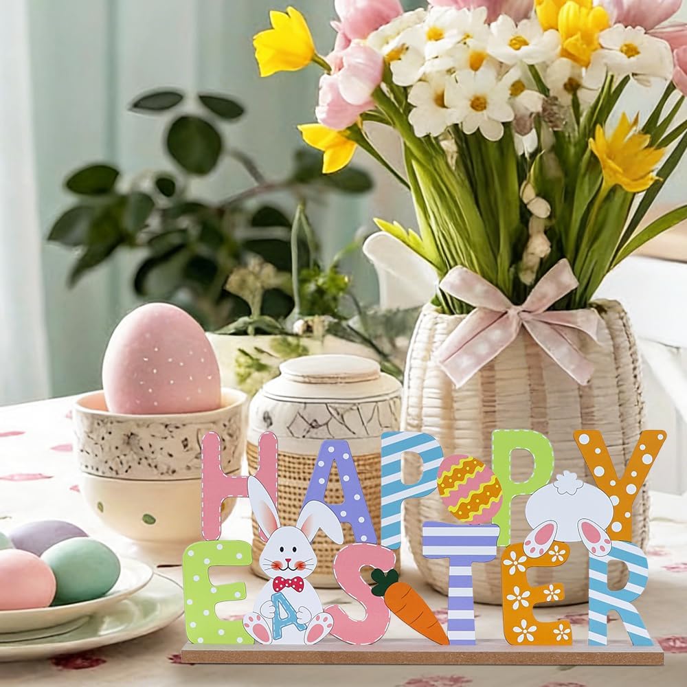 Easter Decorations, Wood Metal Happy Easter Sign for Table Decor, Farmhouse Rustic Easter Bunny Decorations, Mantel