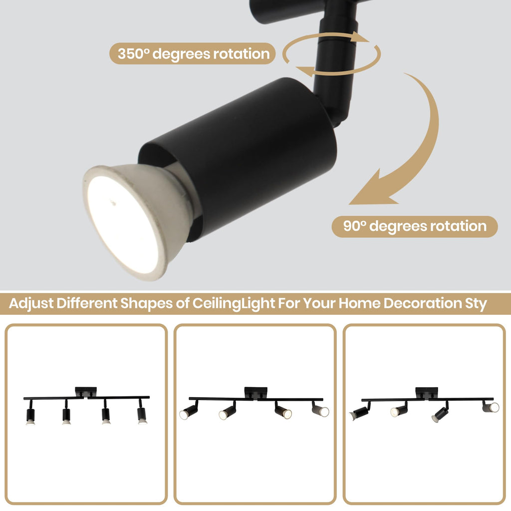 Black Track Lighting Kit - Adjustable GU10 Ceiling Spotlights, Modern Hardwired Flush Mount Fixture Island