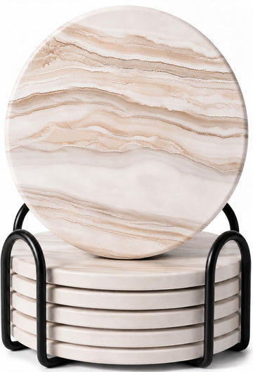 Absorbent Marble Look Ceramic Drink Coasters Set of 6 with Holder