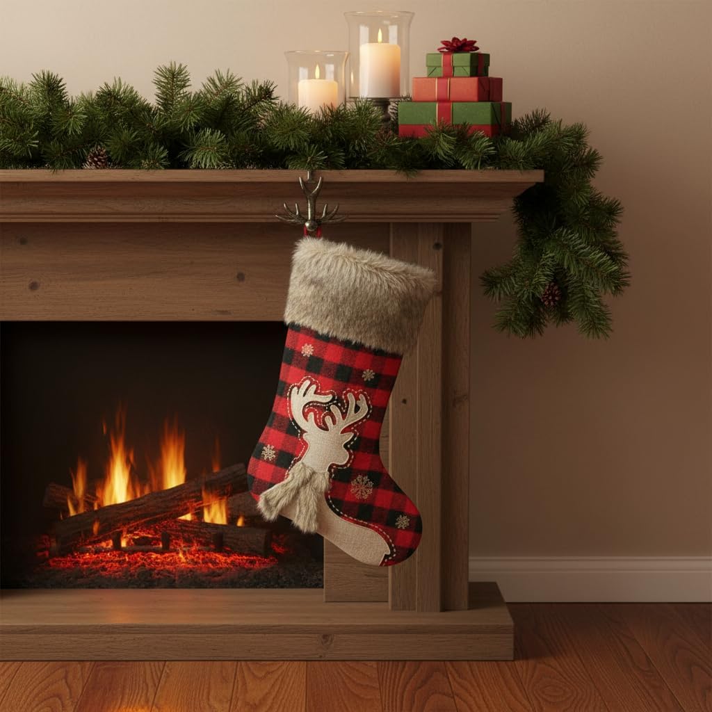 20" Black and Red Plaid Reindeer Christmas Stocking, Rustic Antique Vintage Figurine Style Home Decor, Faux Fur Scarf