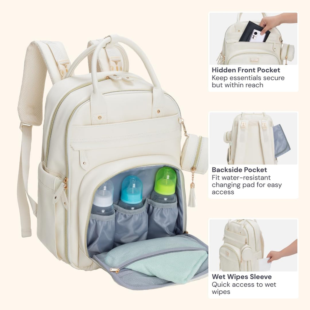 Leather Diaper Bag Backpack - Baby Essentials Travel Baby Bag, Multi function, Water Resistant, with Changing Pad