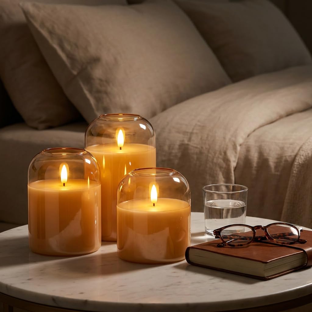 Fall Decorations, Amber Glass Flameless Candles, LED Pillar Candle
