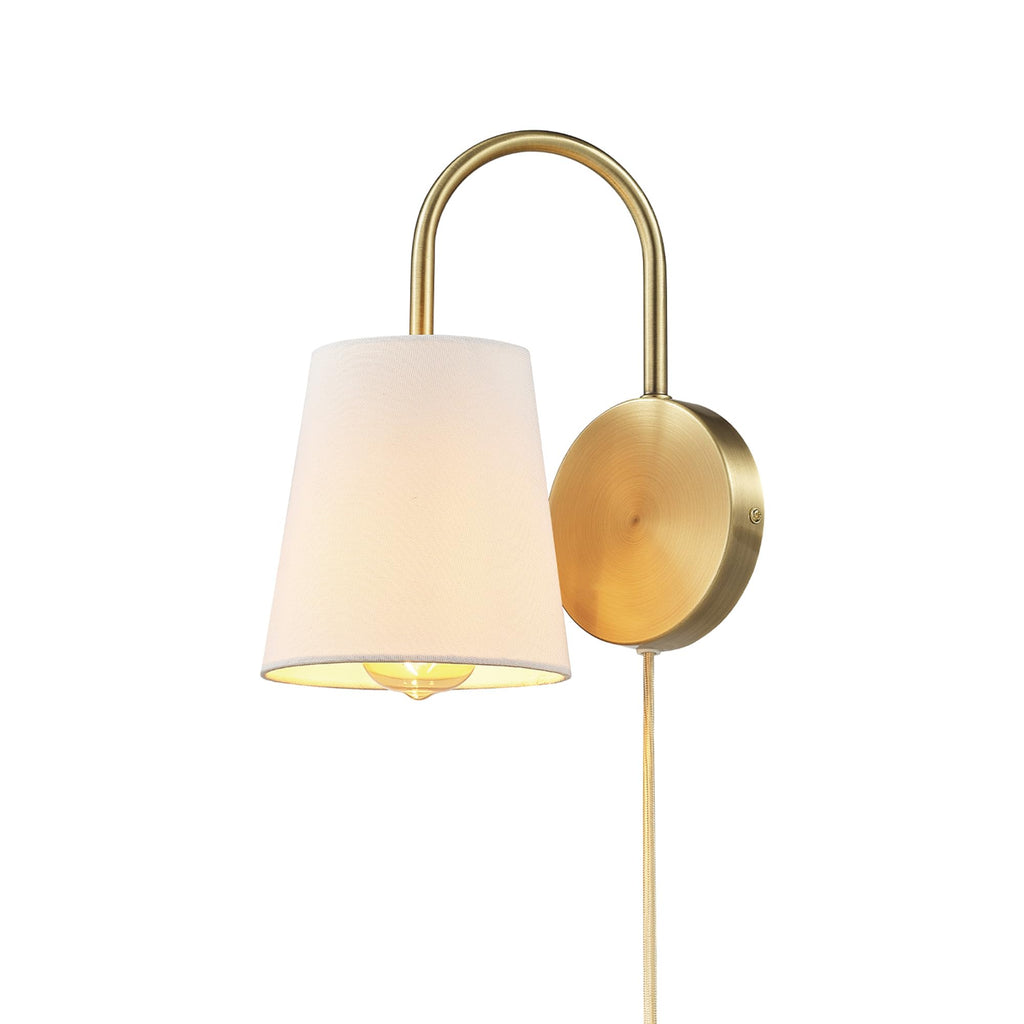 Hardwire or Plug-in Wall Sconce, Matte Brass, White Textured Shade, Arched Arm, Lighting, Home Decor, Lights