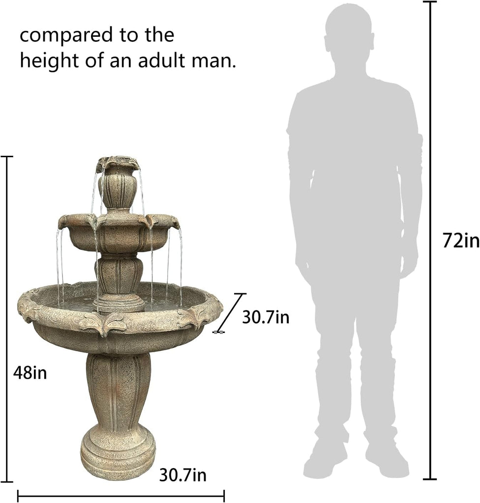 48” H Outdoor Floor Water Fountain, 3-Tiers Concrete Water Fountain with Submersible Electric Pump