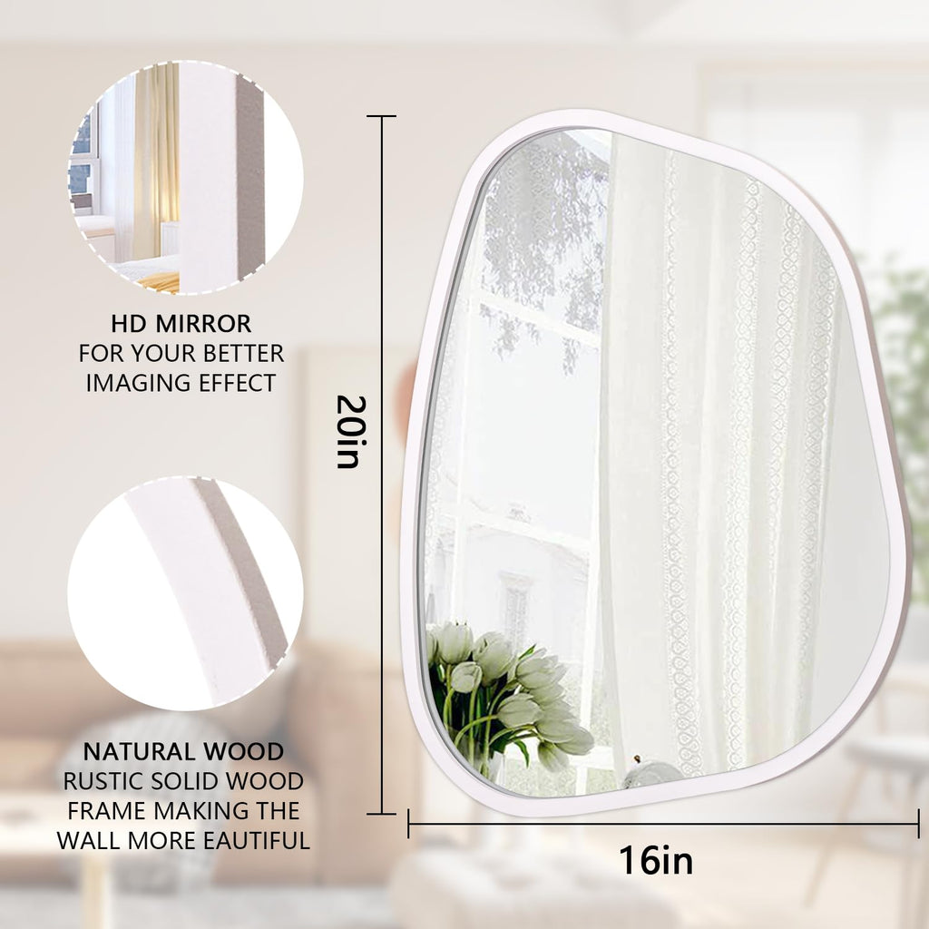 Irregular Oval Wall Mirror Large White 20"x16" Inches Asymmetrical Mirror Modern Wood Frame Unique Shape Wall Mounted