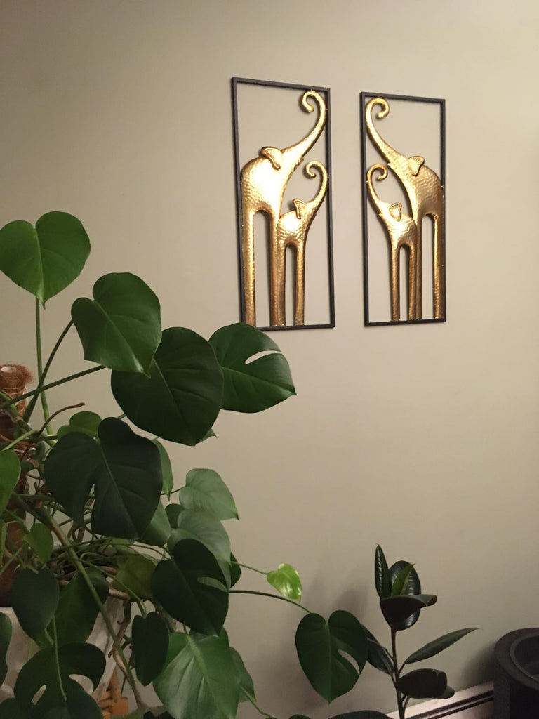 Gold Metal Elephant Wall Decor Set of 2, African Art 3D Sculptures