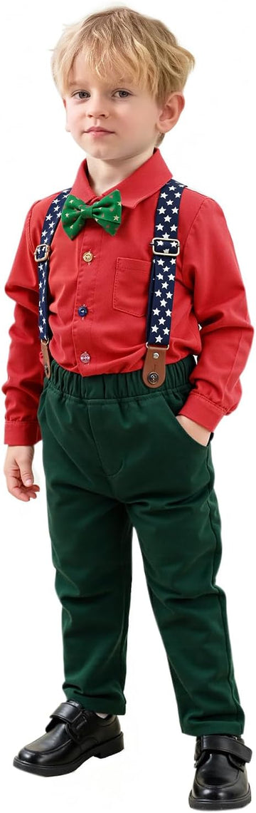 Toddler Baby Boy Clothes Suit,Removable Bowtie Shirt Suspenders Pant, Kids Gentleman Wedding Outfit Suit