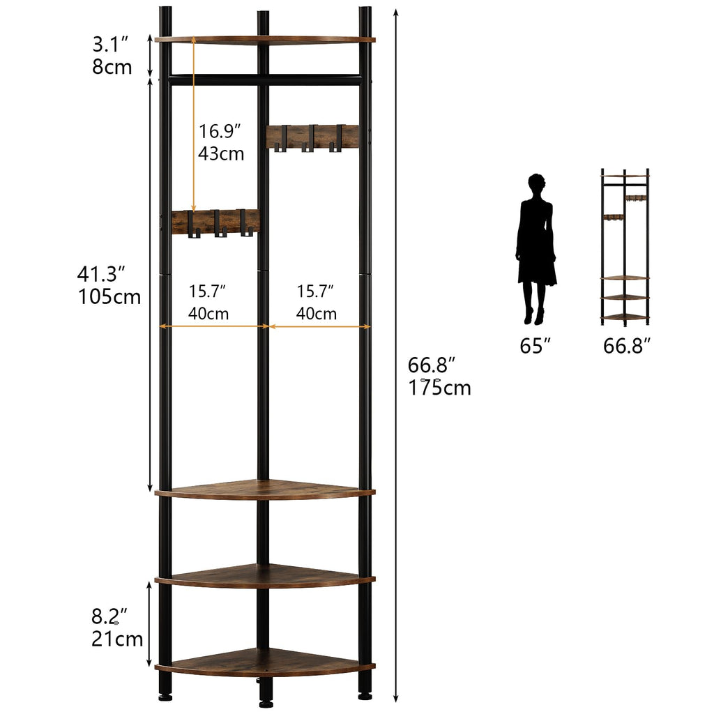 Corner Hall Tree with Shoe Rack Entryway Coat Rack with 6 Metal Movable Hooks Floor Standing Clothes Rack Organizer