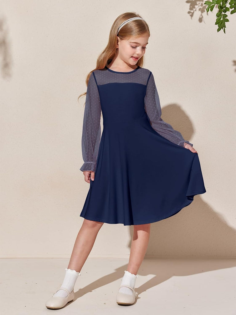 Girls Contrast Mesh Long Sleeve High Waist A Line Short Dress with Pockets