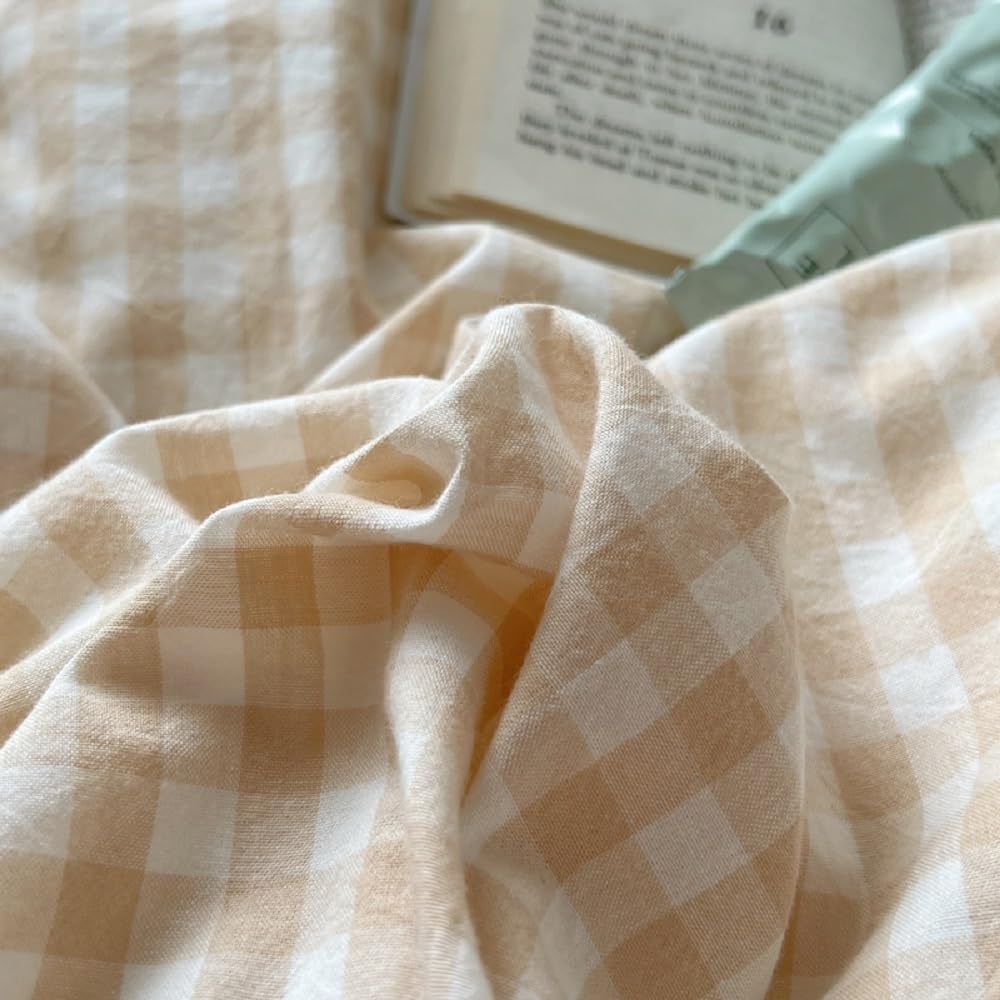Gingham Duvet Cover Set Beige Plaid Checkered Bedding