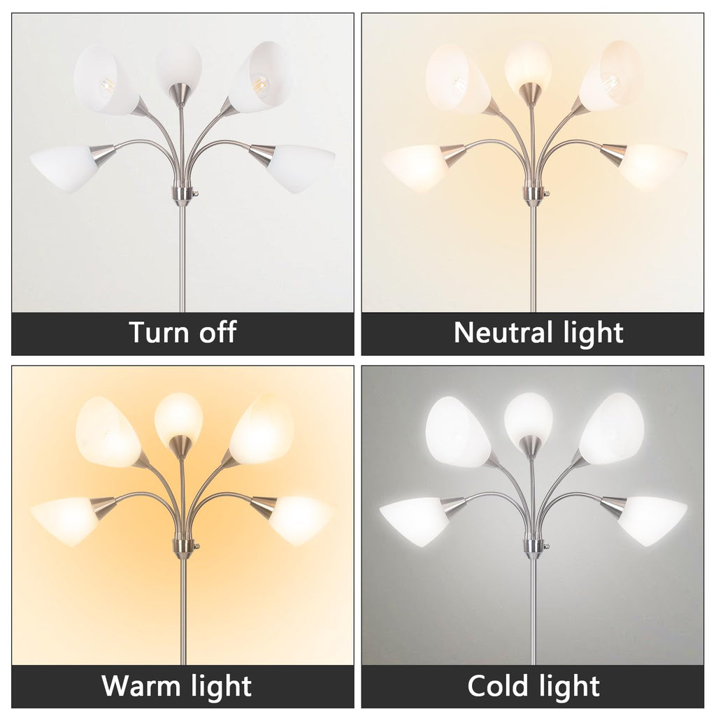 Floor Lamp, 5 Adjustable Neck Heads with Lampshades, Multi-Light Standing Reading Lamp