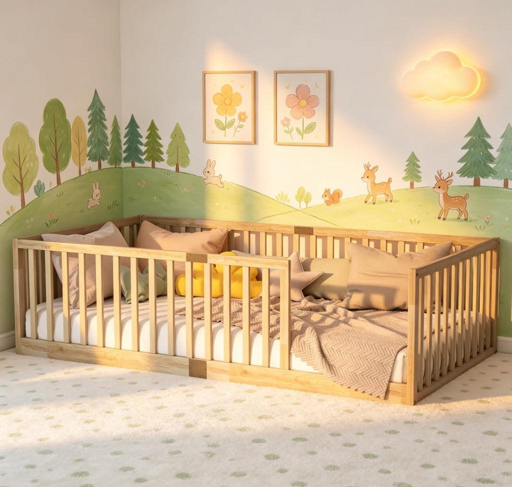 Floor Bed for Kids, Floor Bed with High Fence and Slats, Wooden Montessori Beds for Kids, Natural