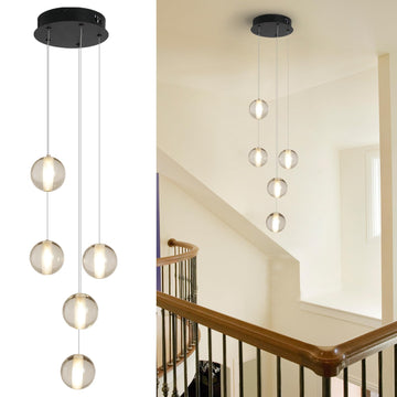 5 Lights Foyer Chandeliers for High Ceilings Raindrop Crystal Ball Chandelier Dimmable LED Entryway Pendant Light