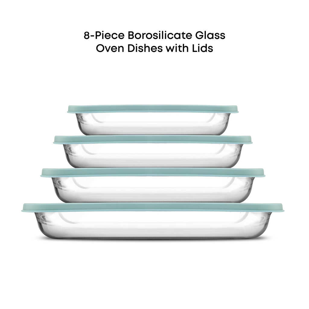 8-Piece Borosilicate Glass Oven Dishes with Powder Blue Lids, Rectangle Deep Glass Baking Dish Set, Baking Pans for