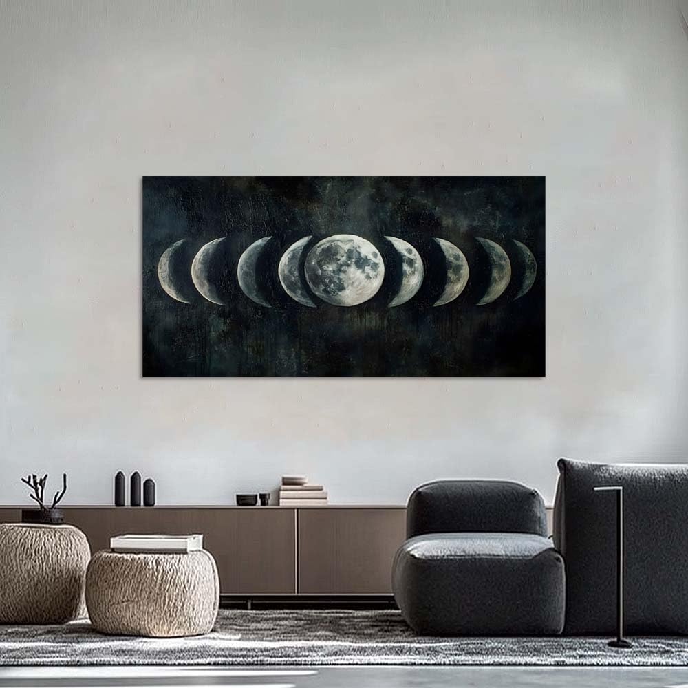 Moon Phase Canvas Wall Art Lunar Cycle Celestial Painting Flat Print Gallery Wrapped Dark Moody Artwork Bedroom