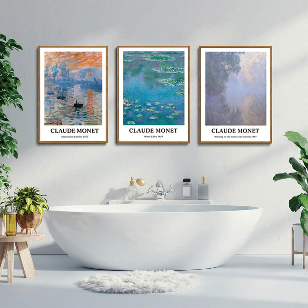 3 Piece Claude Monet Framed Wall Art, Water Lilies Painting Deocr